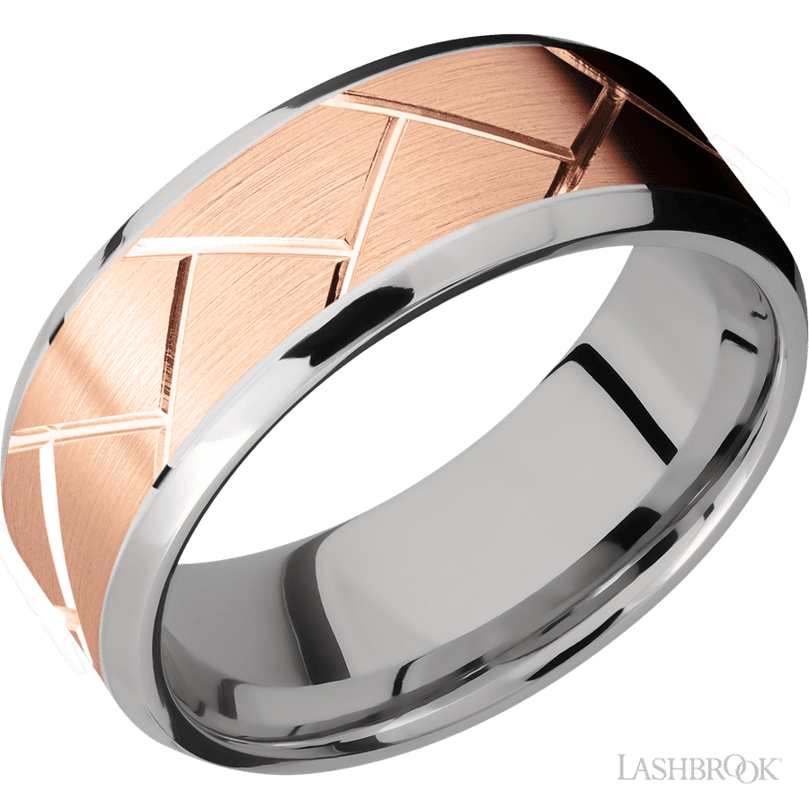8 mm wide/Beveled/14K White Gold band with one 6 mm Centered inlay of 14K Rose Gold with a machined Flatweave pattern.