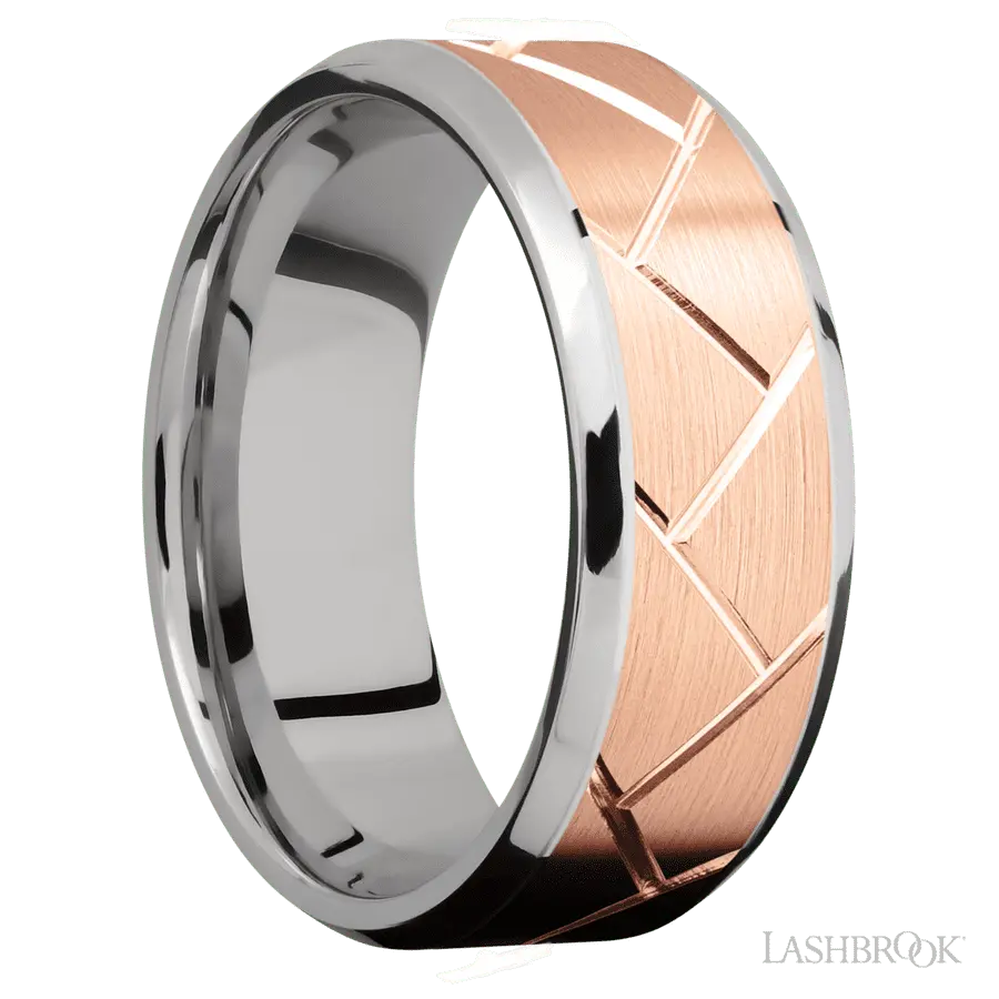 8 mm wide/Beveled/14K White Gold band with one 6 mm Centered inlay of 14K Rose Gold with a machined Flatweave pattern.
