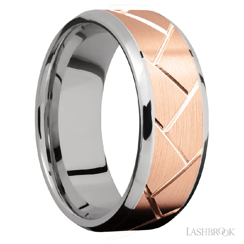 8 mm wide/Beveled/14K White Gold band with one 6 mm Centered inlay of 14K Rose Gold with a machined Flatweave pattern.