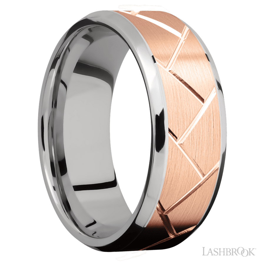 8 mm wide/Beveled/14K White Gold band with one 6 mm Centered inlay of 14K Rose Gold with a machined Flatweave pattern.