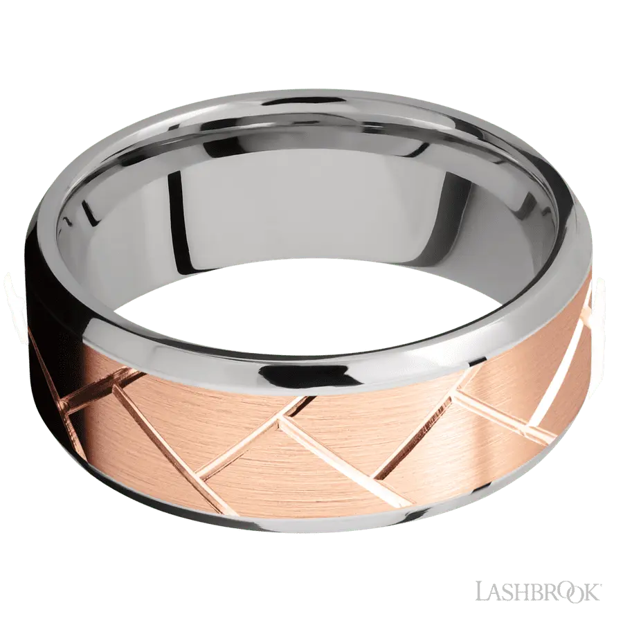 8 mm wide/Beveled/14K White Gold band with one 6 mm Centered inlay of 14K Rose Gold with a machined Flatweave pattern.