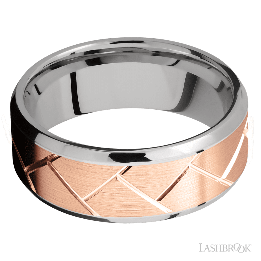 8 mm wide/Beveled/14K White Gold band with one 6 mm Centered inlay of 14K Rose Gold with a machined Flatweave pattern.