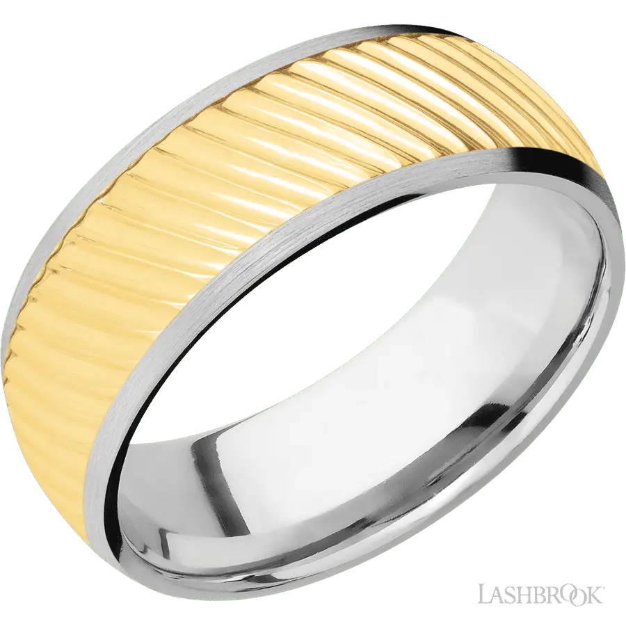 8 mm wide/Domed/14K White Gold band with one 6 mm Centered inlay of 14K Yellow Gold with a machined Ripple pattern.
