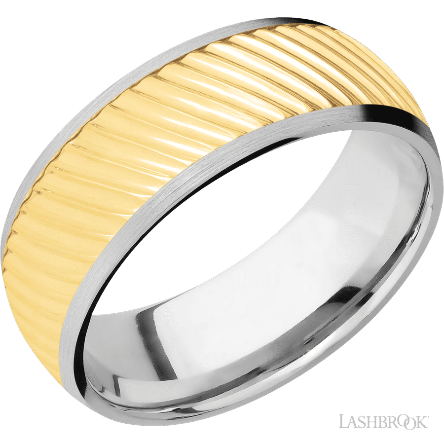 8 mm wide/Domed/14K White Gold band with one 6 mm Centered inlay of 14K Yellow Gold with a machined Ripple pattern.