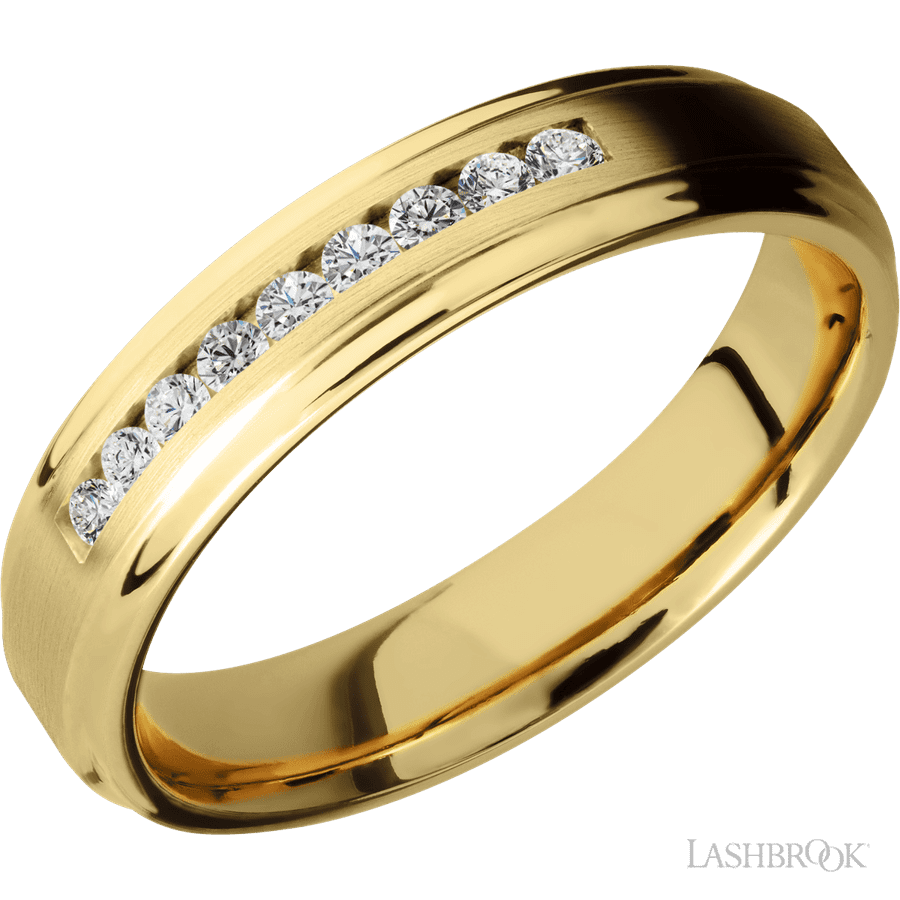 5 mm wide/Flat Grooved Edges/14K Yellow Gold band with an  arrangement of 9, .03 carat Round Diamond stones in a Channel setting.