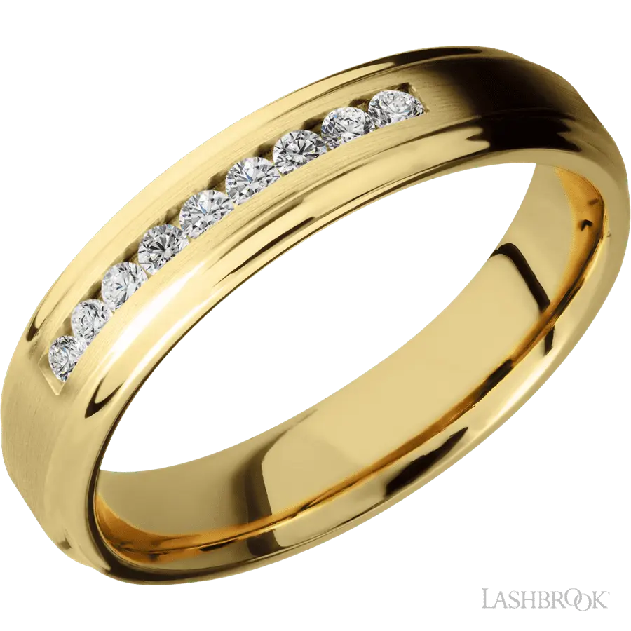 "5 mm wide/Flat Grooved Edges/14K Yellow Gold band with an arrangement of 9, .03 carat Round Diamond stones in a Channel sett