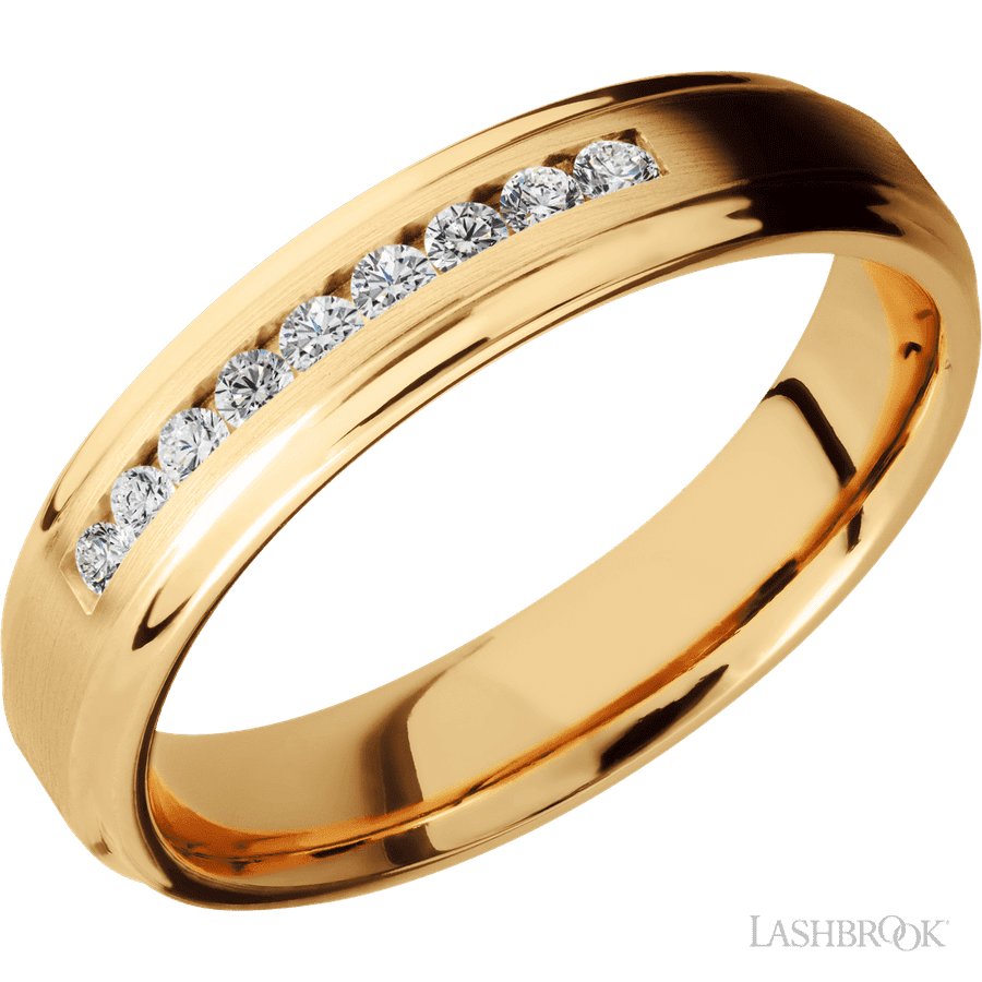 5 mm wide/Flat Grooved Edges/14K Yellow Gold band with an arrangement of 9, .03 carat Round Diamond stones in a Channel setting.