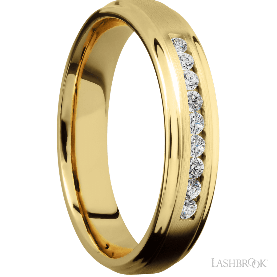 5 mm wide/Flat Grooved Edges/14K Yellow Gold band with an arrangement of 9, .03 carat Round Diamond stones in a Channel setting.