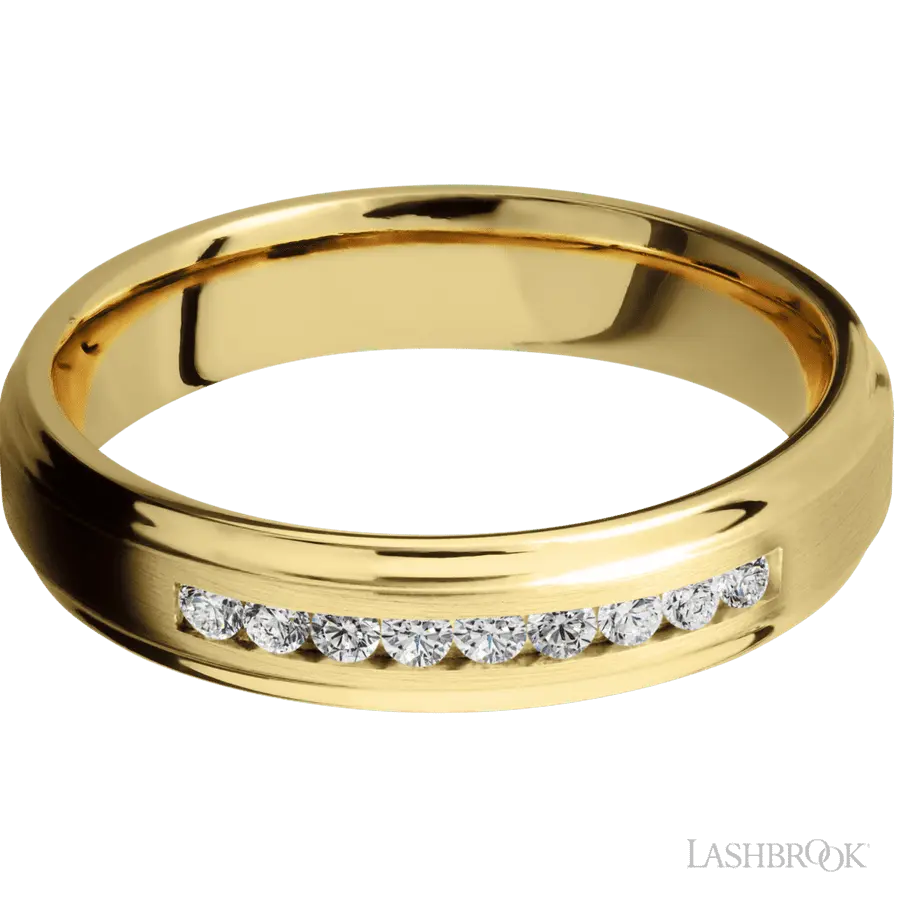 5 mm wide/Flat Grooved Edges/14K Yellow Gold band with an arrangement of 9, .03 carat Round Diamond stones in a Channel setting.