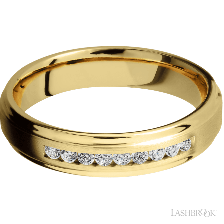 5 mm wide/Flat Grooved Edges/14K Yellow Gold band with an arrangement of 9, .03 carat Round Diamond stones in a Channel setting.