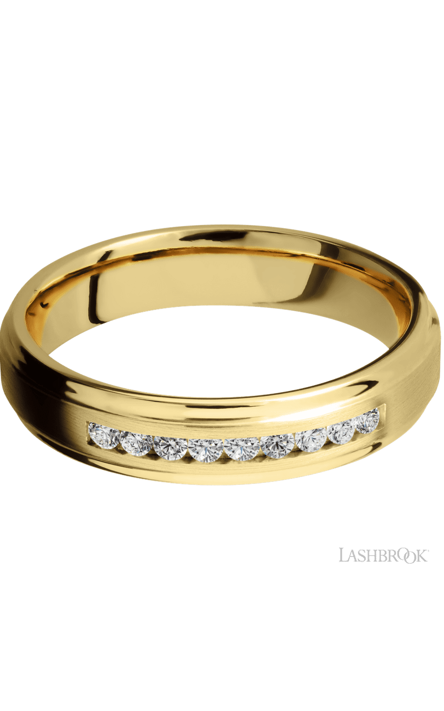 5 mm wide/Flat Grooved Edges/14K Yellow Gold band with an arrangement of 9, .03 carat Round Diamond stones in a Channel setting.