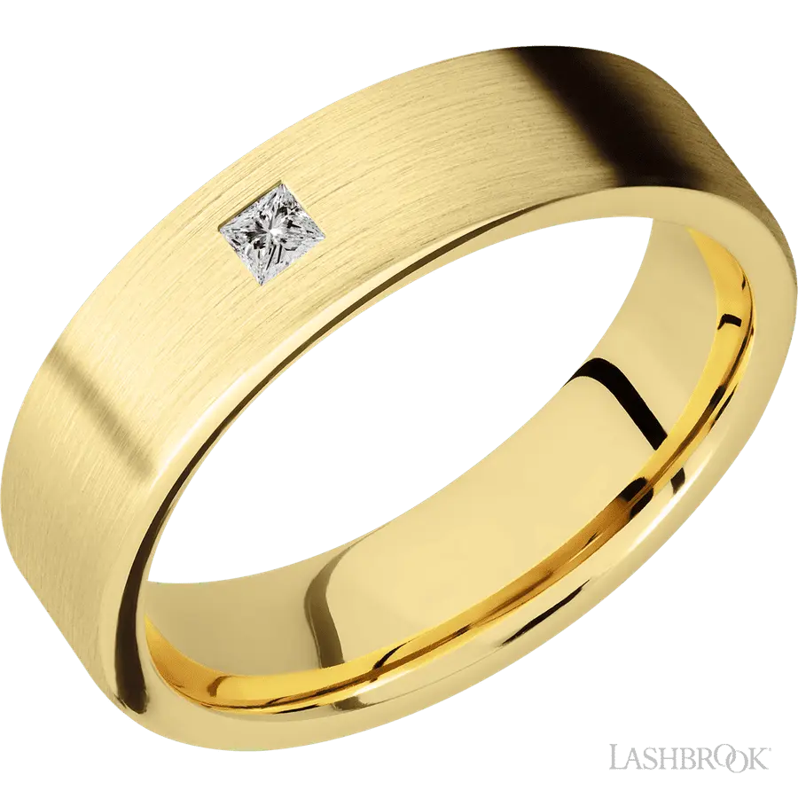 6 mm wide/Flat/14K Yellow Gold band with an arrangement of 1, .1 carat Princess Diamond stones in a Flush setting. Lashbrook