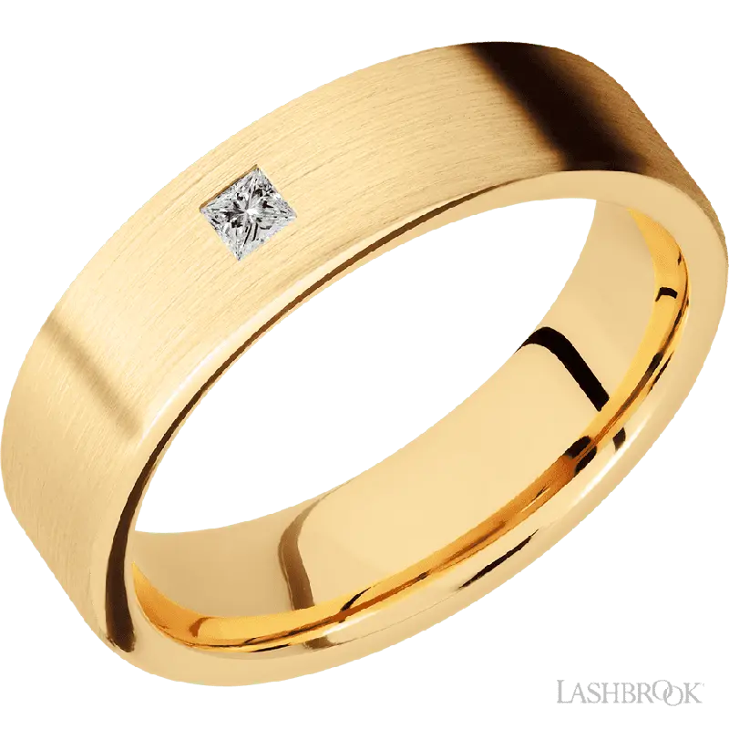 6 mm wide/Flat/14K Yellow Gold band with an arrangement of 1, .1 carat Princess Diamond stones in a Flush setting.