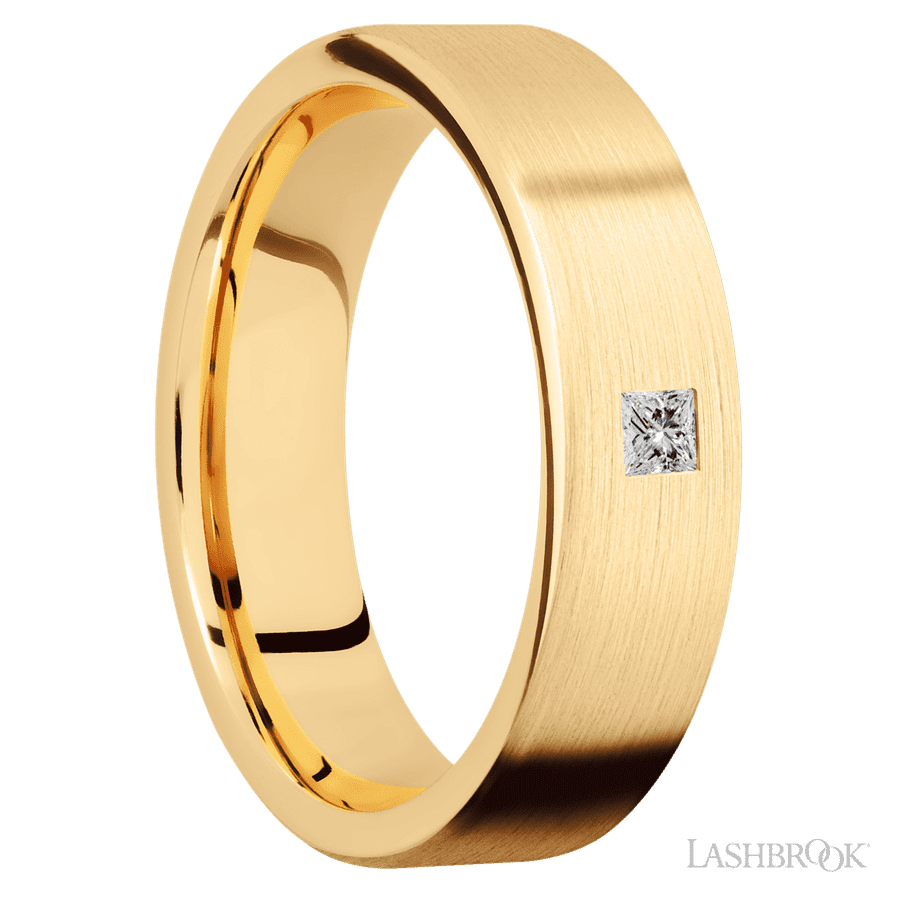 6 mm wide/Flat/14K Yellow Gold band with an arrangement of 1, .1 carat Princess Diamond stones in a Flush setting.
