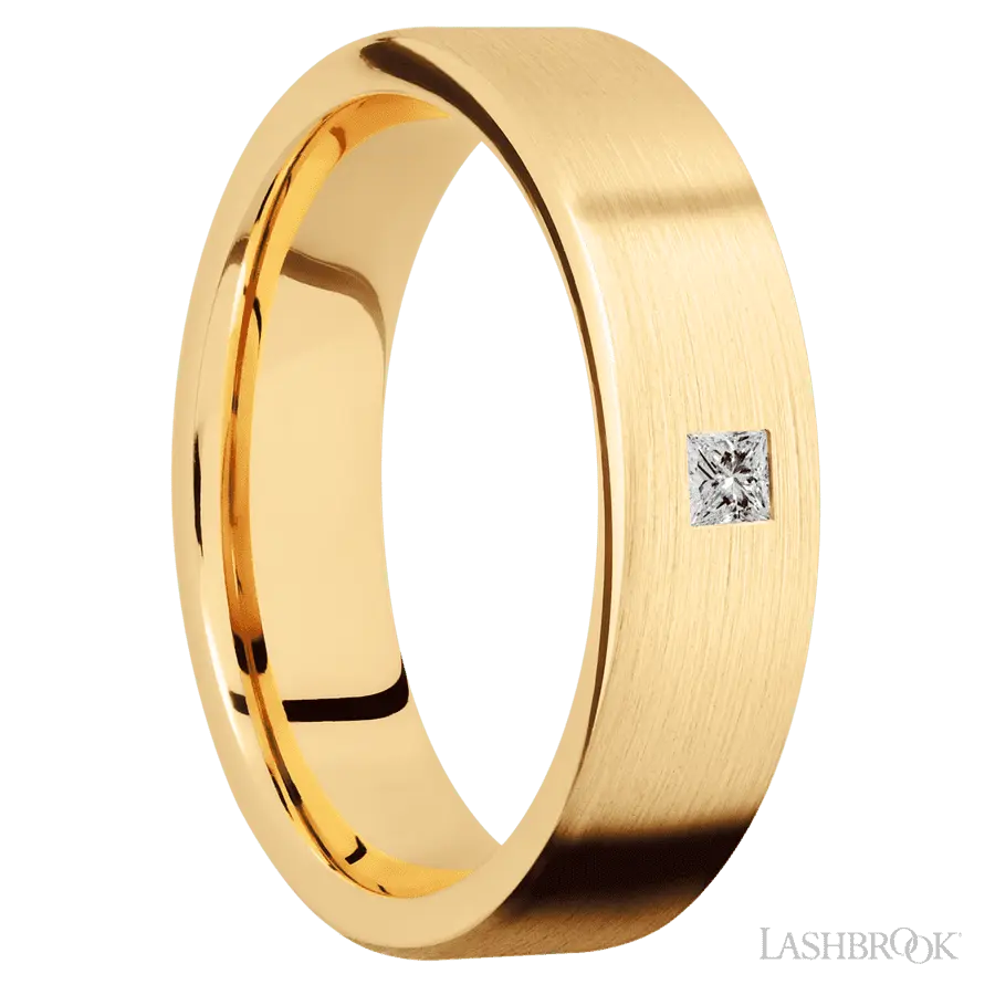 6 mm wide/Flat/14K Yellow Gold band with an arrangement of 1, .1 carat Princess Diamond stones in a Flush setting.