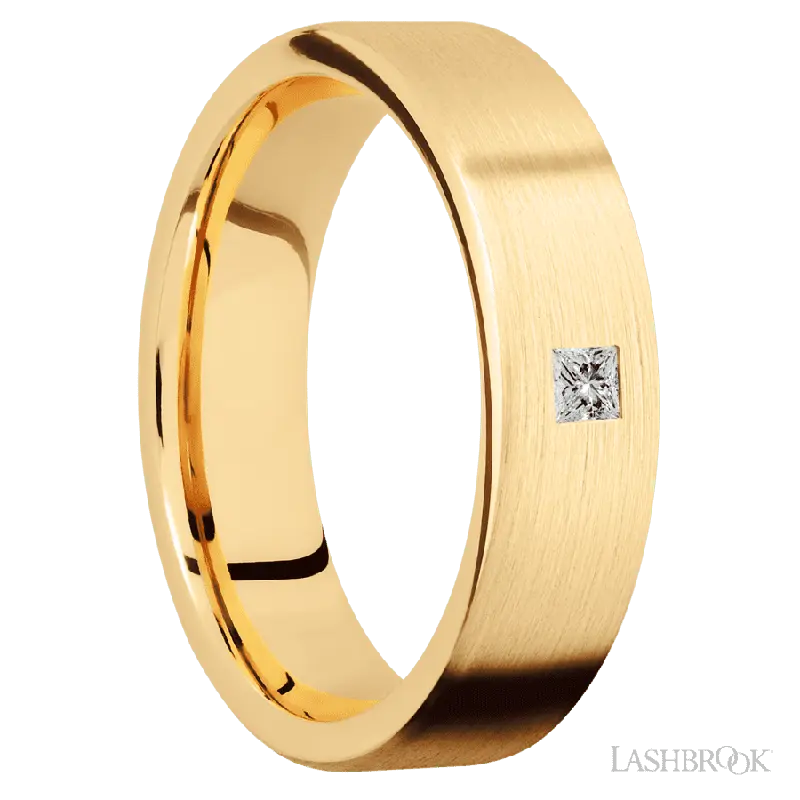 6 mm wide/Flat/14K Yellow Gold band with an arrangement of 1, .1 carat Princess Diamond stones in a Flush setting.