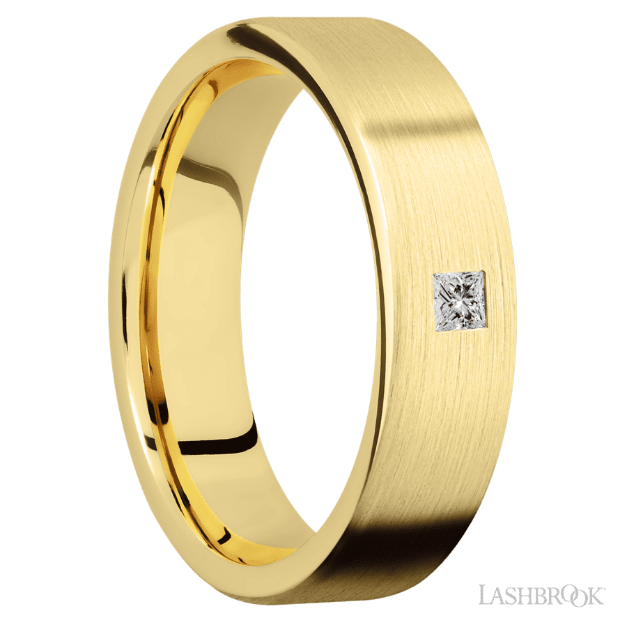 6 mm wide/Flat/14K Yellow Gold band with an arrangement of 1, .1 carat Princess Diamond stones in a Flush setting.