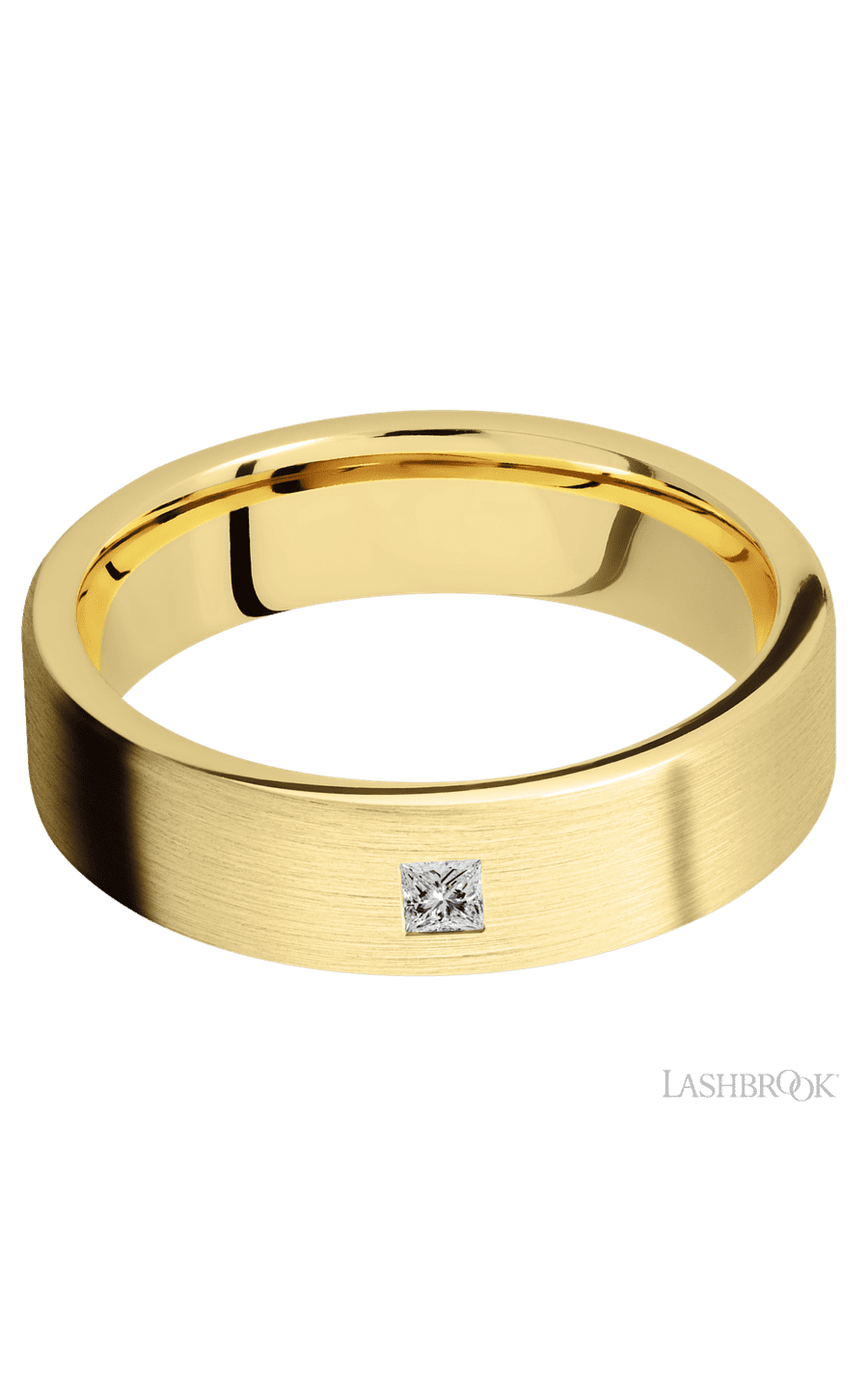 6 mm wide/Flat/14K Yellow Gold band with an arrangement of 1, .1 carat Princess Diamond stones in a Flush setting.