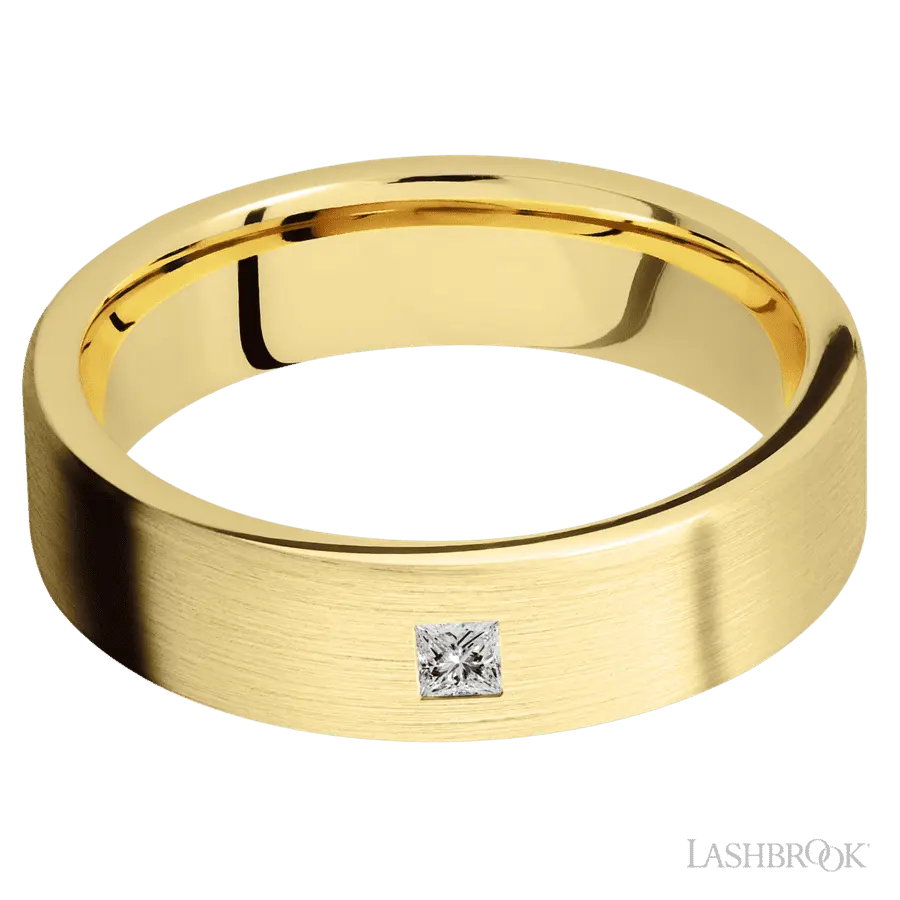 6 mm wide/Flat/14K Yellow Gold band with an arrangement of 1, .1 carat Princess Diamond stones in a Flush setting. Lashbrook