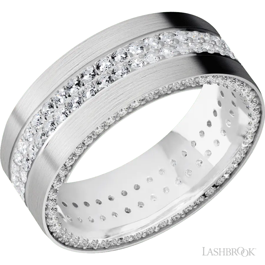 8 mm wide/Flat/14K White Gold band with a Side Eternity arrangement of .01 carat Round Diamond stones in a Bead Channel setti