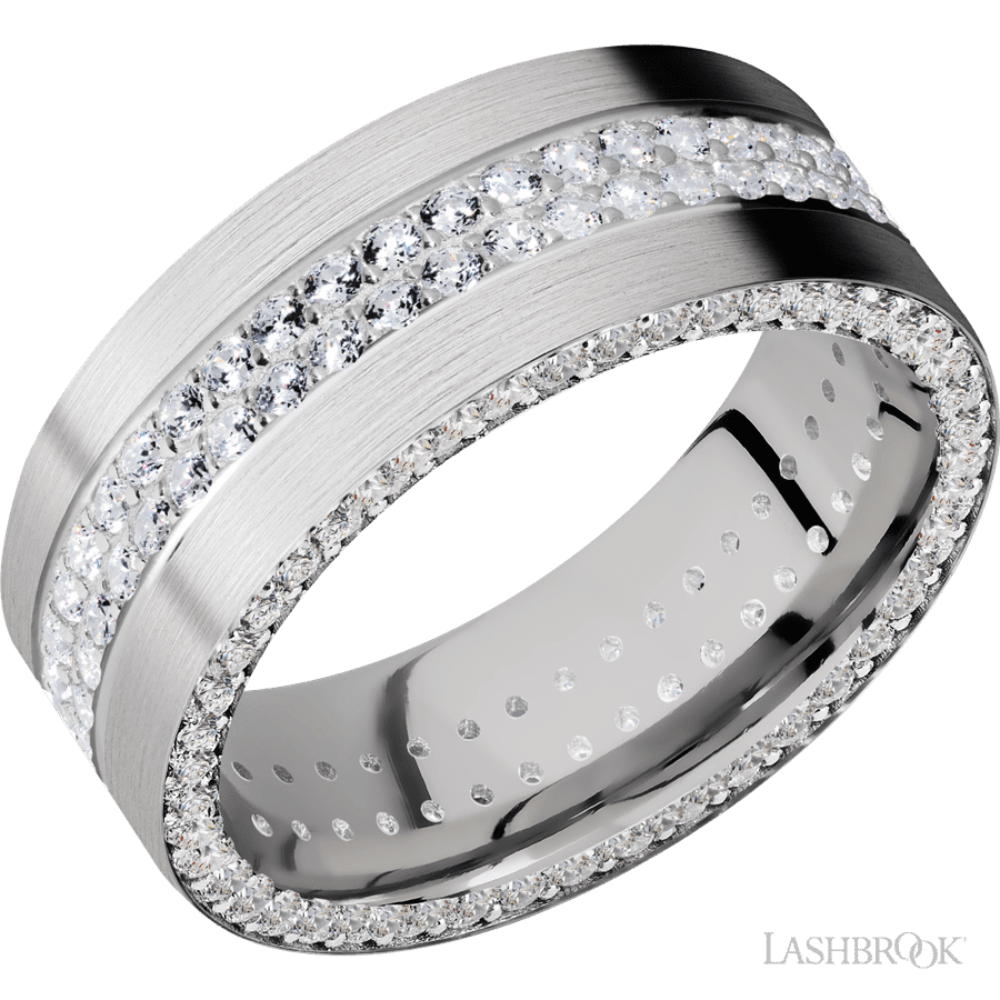 8 mm wide/Flat/14K White Gold band with a Side Eternity arrangement of .01 carat Round Diamond stones in a Bead Channel setting and featuring a a 2 Row Eternity arrangement of .015 carat Round Diamond stones in a Bead Channel setting