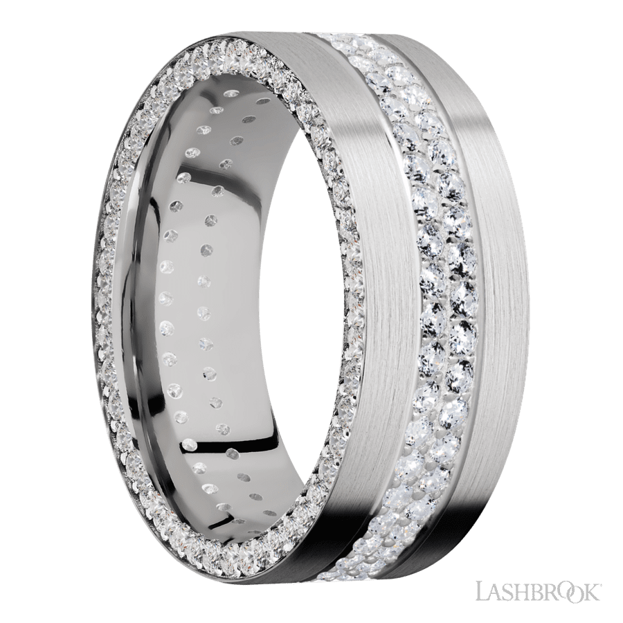 8 mm wide/Flat/14K White Gold band with a Side Eternity arrangement of .01 carat Round Diamond stones in a Bead Channel setting and featuring a a 2 Row Eternity arrangement of .015 carat Round Diamond stones in a Bead Channel setting