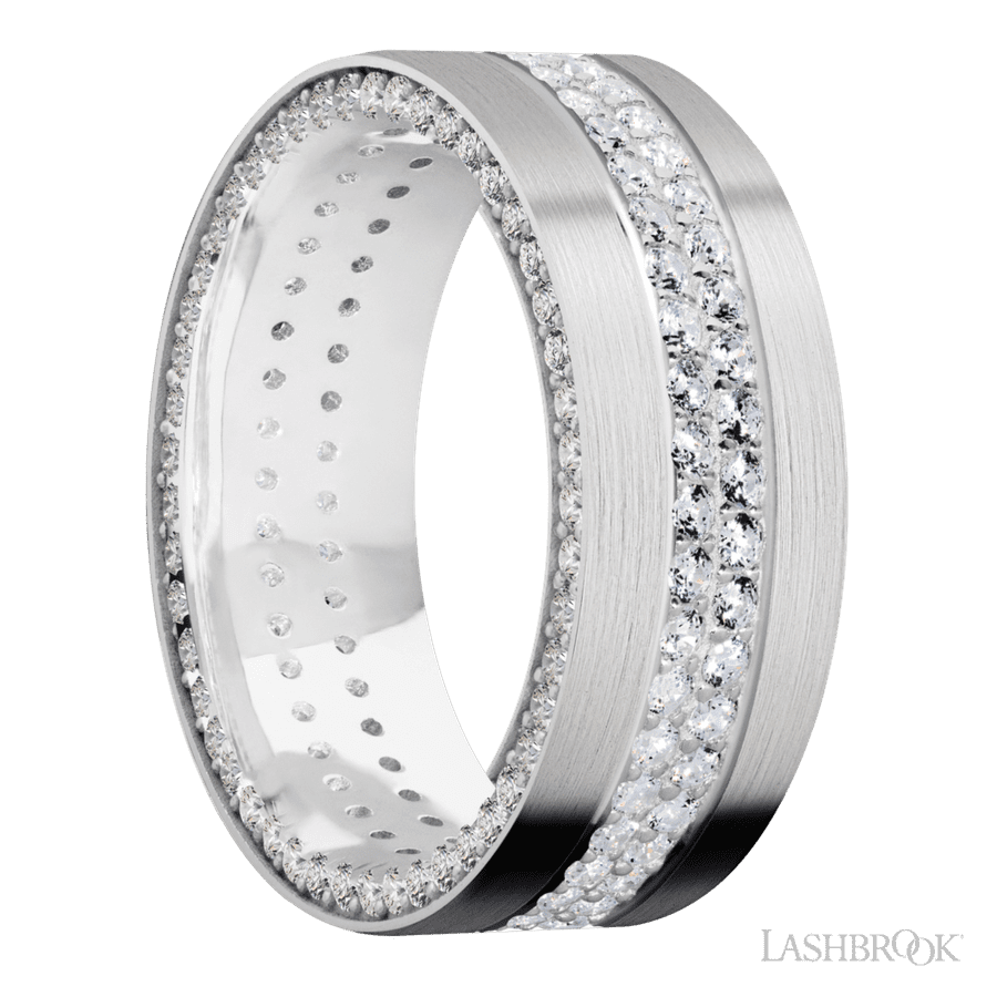 8 mm wide/Flat/14K White Gold band with a Side Eternity arrangement of .01 carat Round Diamond stones in a Bead Channel setting and featuring a a 2 Row Eternity arrangement of .015 carat Round Diamond stones in a Bead Channel setting
