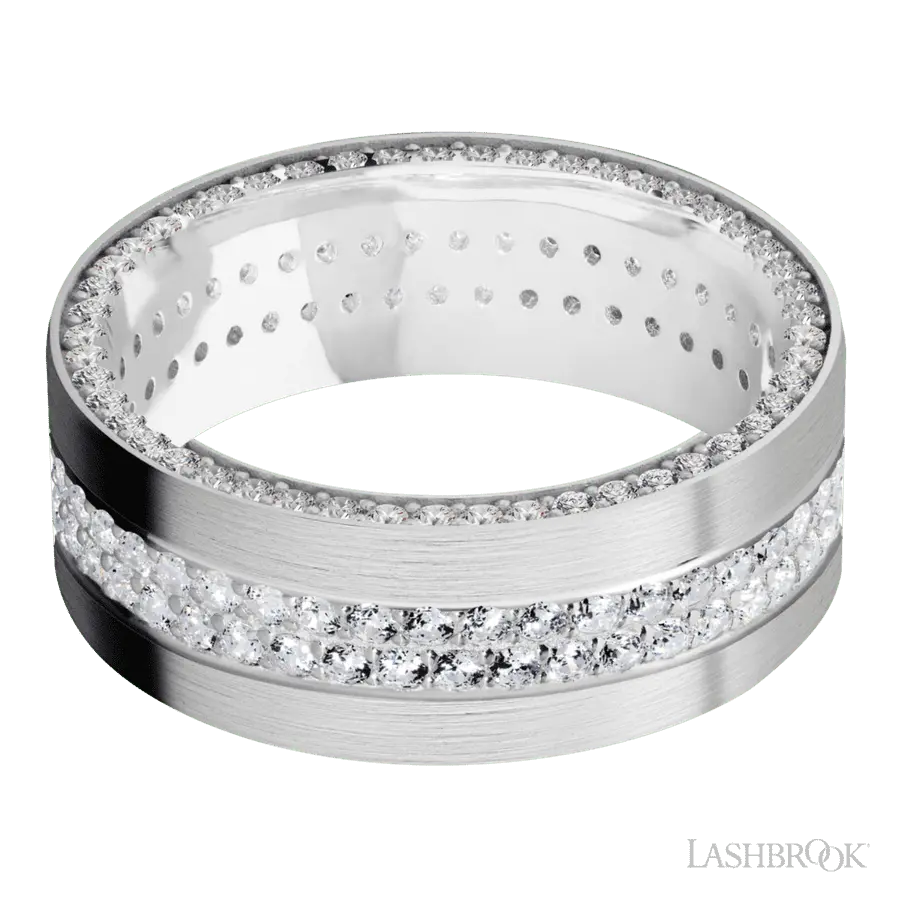 8 mm wide/Flat/14K White Gold band with a Side Eternity arrangement of .01 carat Round Diamond stones in a Bead Channel setting and featuring a a 2 Row Eternity arrangement of .015 carat Round Diamond stones in a Bead Channel setting