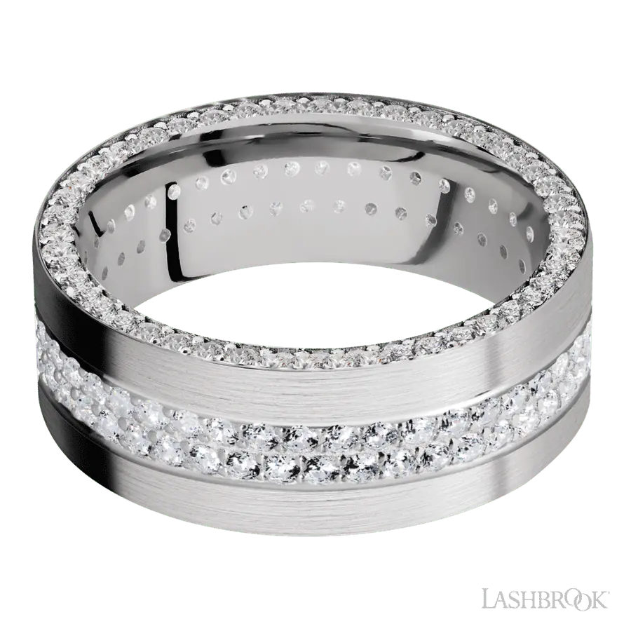 8 mm wide/Flat/14K White Gold band with a Side Eternity arrangement of .01 carat Round Diamond stones in a Bead Channel setting and featuring a a 2 Row Eternity arrangement of .015 carat Round Diamond stones in a Bead Channel setting