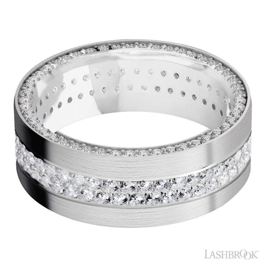 8 mm wide/Flat/14K White Gold band with a Side Eternity arrangement of .01 carat Round Diamond stones in a Bead Channel setting and featuring a a 2 Row Eternity arrangement of .015 carat Round Diamond stones in a Bead Channel setting