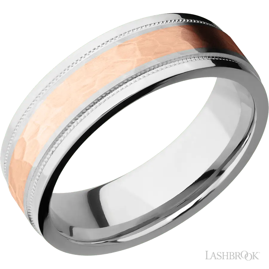 7 mm wide/Flat Stepped Edges Milgrain/Cobalt Chrome band with one 3 mm Centered inlay of 14K Rose Gold.
