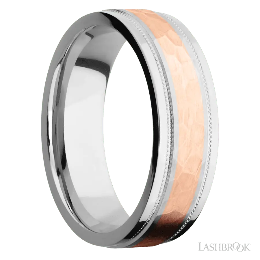 7 mm wide/Flat Stepped Edges Milgrain/Cobalt Chrome band with one 3 mm Centered inlay of 14K Rose Gold.