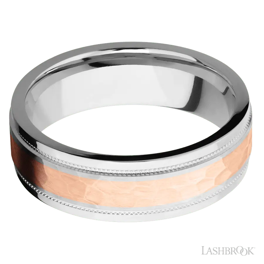 7 mm wide/Flat Stepped Edges Milgrain/Cobalt Chrome band with one 3 mm Centered inlay of 14K Rose Gold.