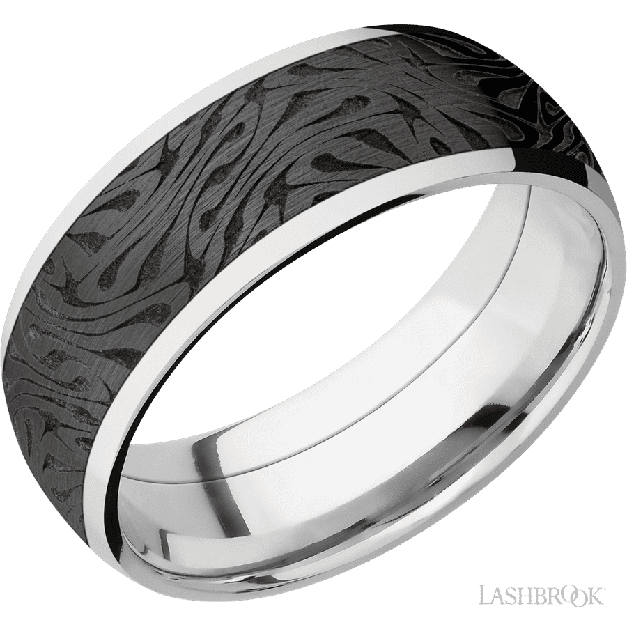 8 mm wide/Domed/Cobalt Chrome band with one 6 mm Centered inlay of Zirconium with a laser carved Escher 1 pattern.