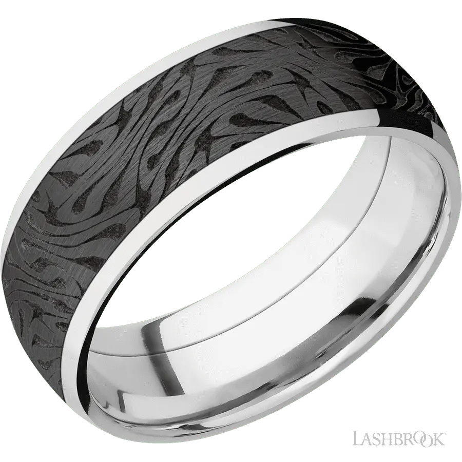 8 mm wide/Domed/Cobalt Chrome band with one 6 mm Centered inlay of Zirconium with a laser carved Escher 1 pattern.