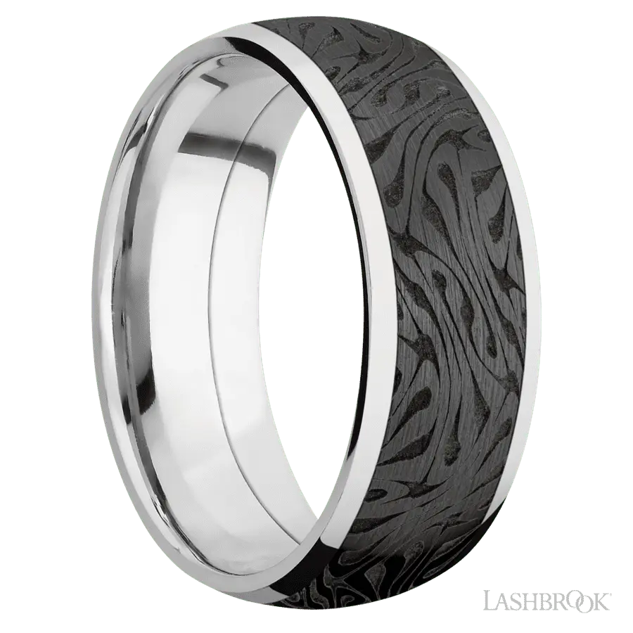 8 mm wide/Domed/Cobalt Chrome band with one 6 mm Centered inlay of Zirconium with a laser carved Escher 1 pattern.