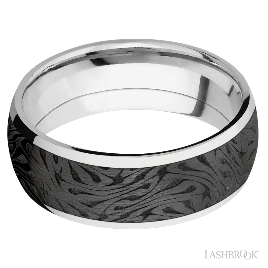 8 mm wide/Domed/Cobalt Chrome band with one 6 mm Centered inlay of Zirconium with a laser carved Escher 1 pattern.