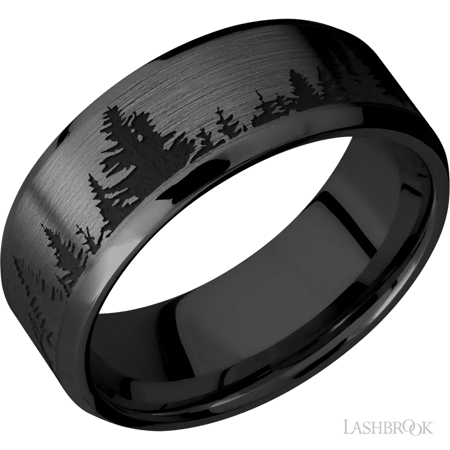 8 mm wide/Beveled/Zirconium band with a laser carved Trees pattern.