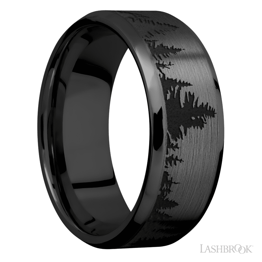 8 mm wide/Beveled/Zirconium band with a laser carved Trees pattern.