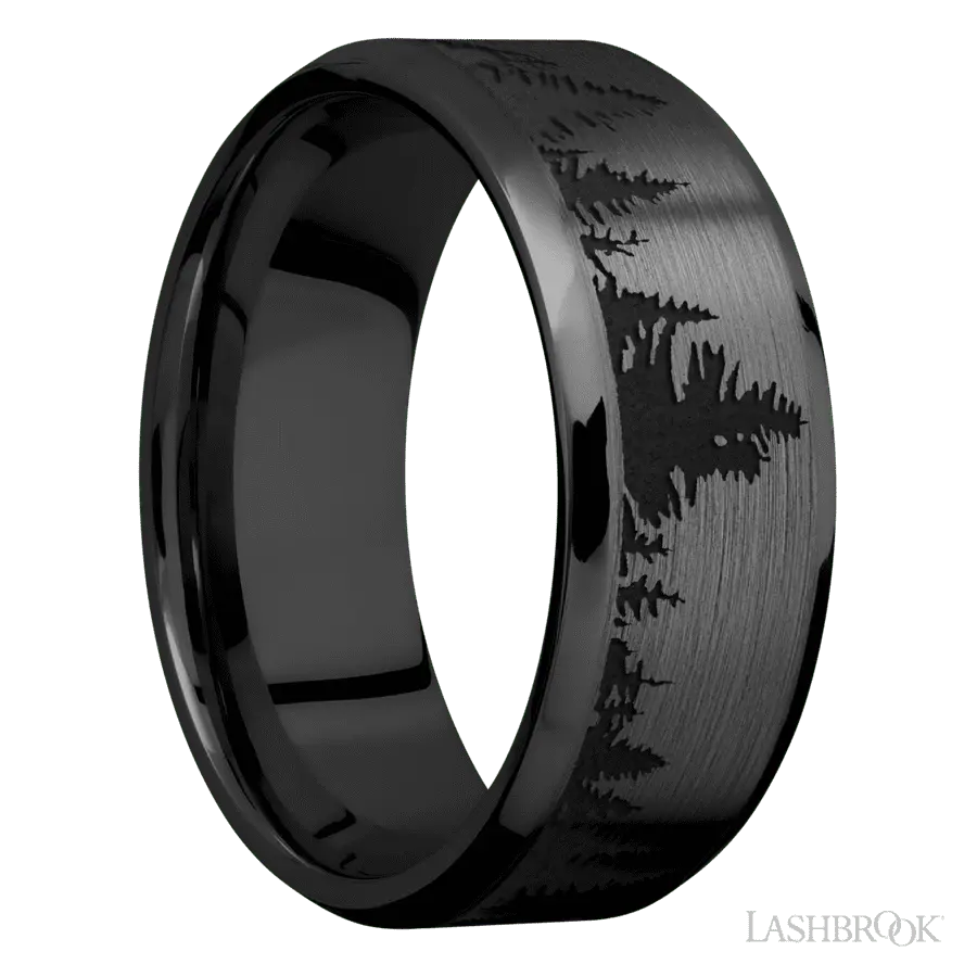 8 mm wide/Beveled/Zirconium band with a laser carved Trees pattern.