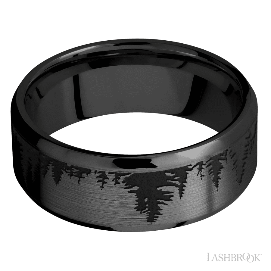 8 mm wide/Beveled/Zirconium band with a laser carved Trees pattern.