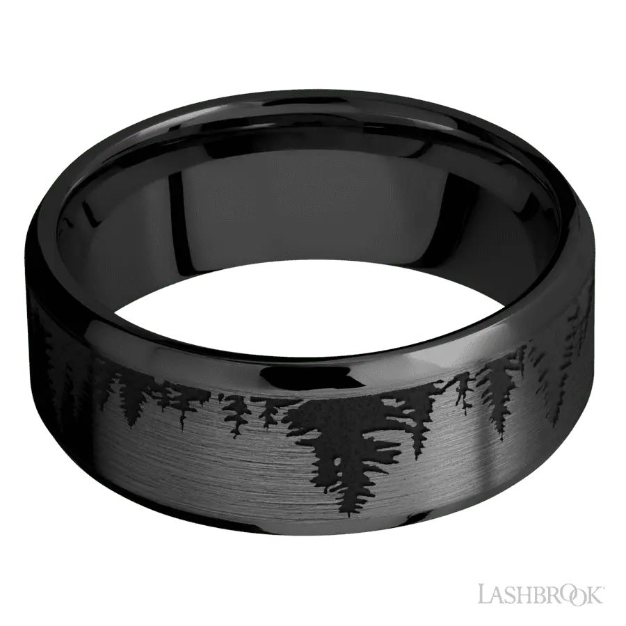 8 mm wide/Beveled/Zirconium band with a laser carved Trees pattern.