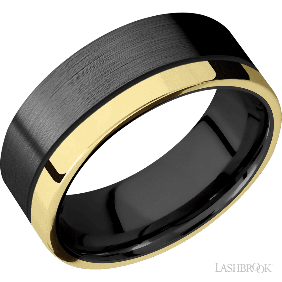 8 mm wide/Flat/Zirconium band with one 2 mm Off Center Edge inlay of 14K Yellow Gold.