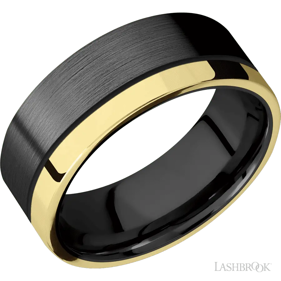8 mm wide/Flat/Zirconium band with one 2 mm Off Center Edge inlay of 14K Yellow Gold.