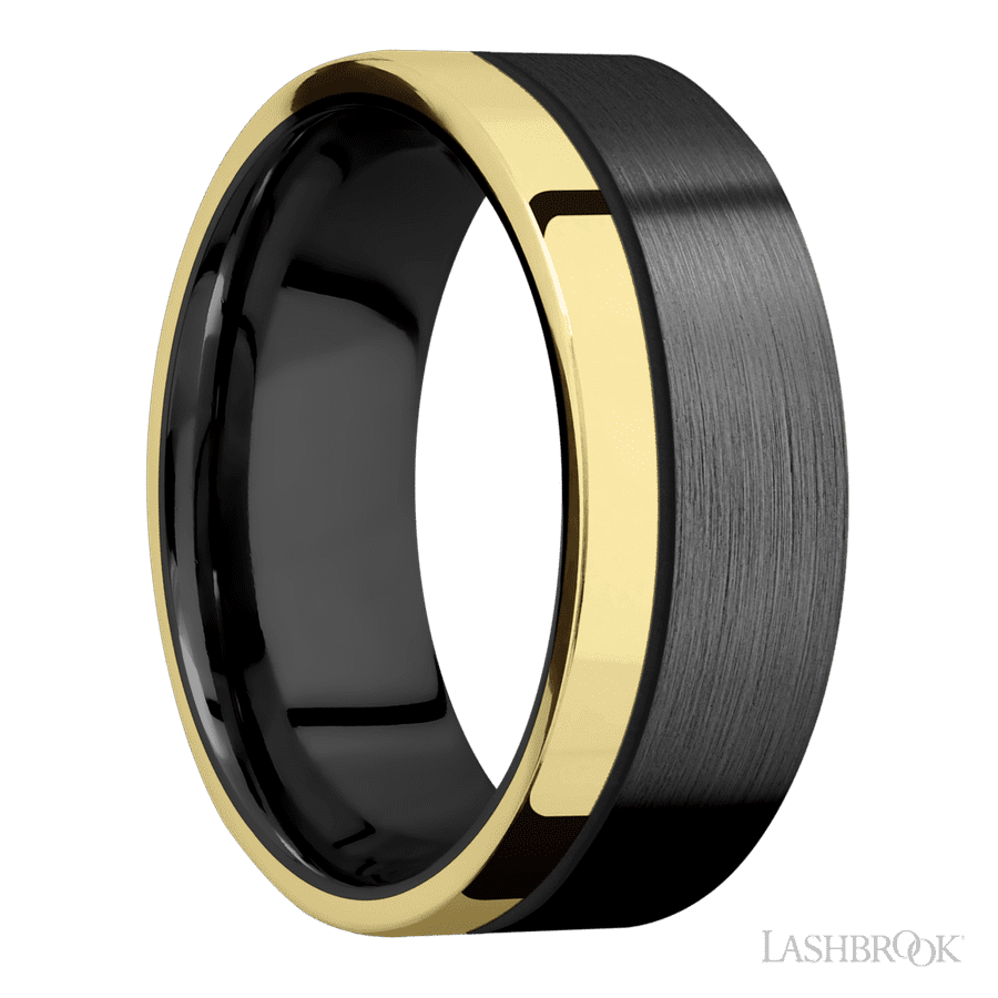8 mm wide/Flat/Zirconium band with one 2 mm Off Center Edge inlay of 14K Yellow Gold.