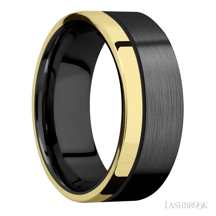 8 mm wide/Flat/Zirconium band with one 2 mm Off Center Edge inlay of 14K Yellow Gold.