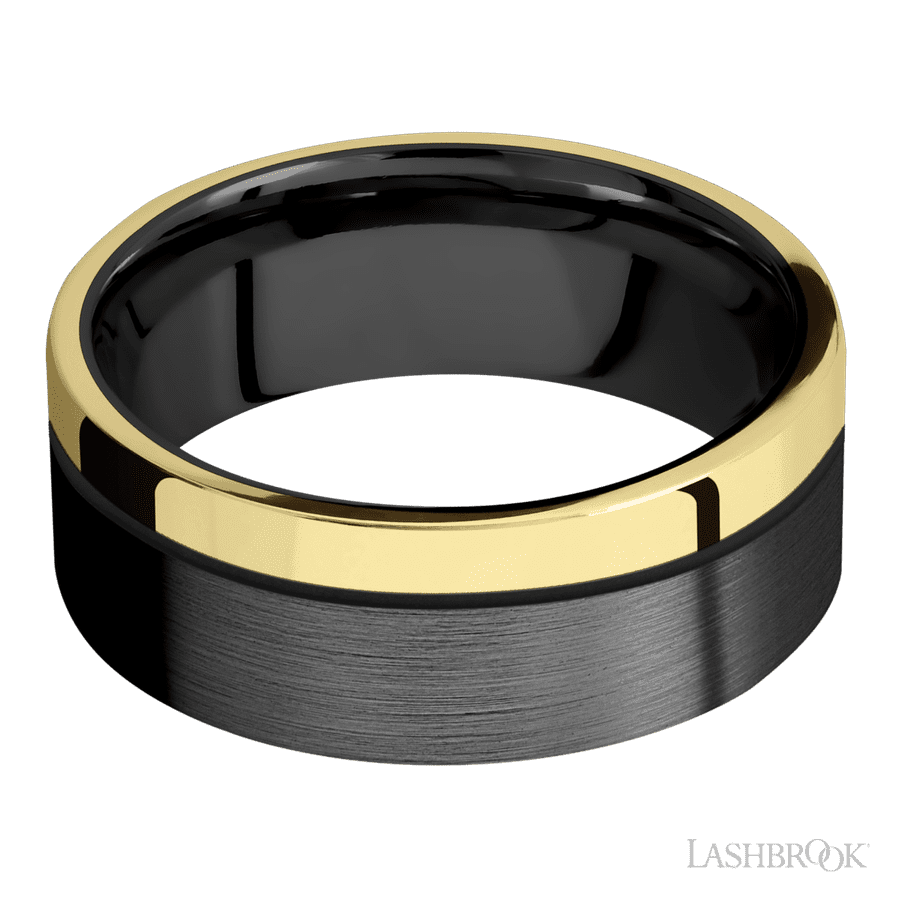 8 mm wide/Flat/Zirconium band with one 2 mm Off Center Edge inlay of 14K Yellow Gold.