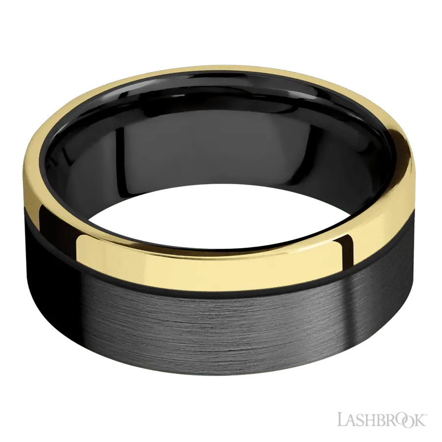 8 mm wide/Flat/Zirconium band with one 2 mm Off Center Edge inlay of 14K Yellow Gold.