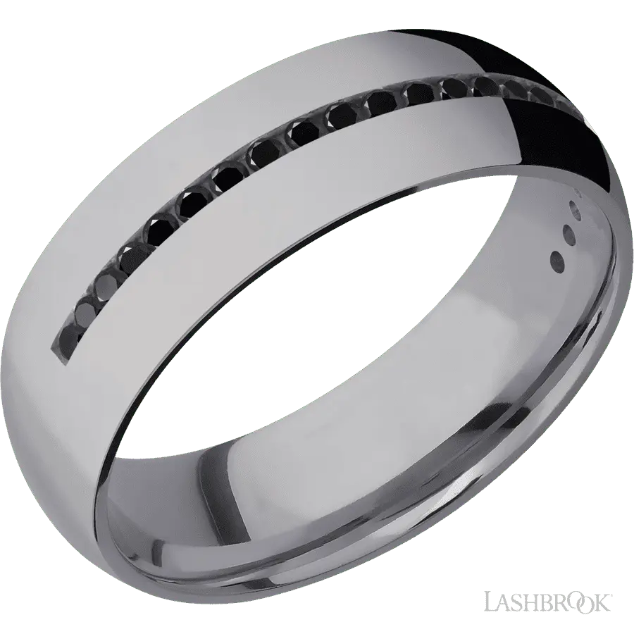 7 mm wide/Domed/Tantalum band with a Half Eternity arrangement of .015 carat Round Black Diamond stones in a Channel setting.