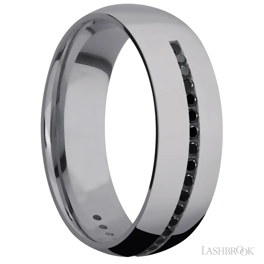 7 mm wide/Domed/Tantalum band with a Half Eternity arrangement of .015 carat Round Black Diamond stones in a Channel setting.